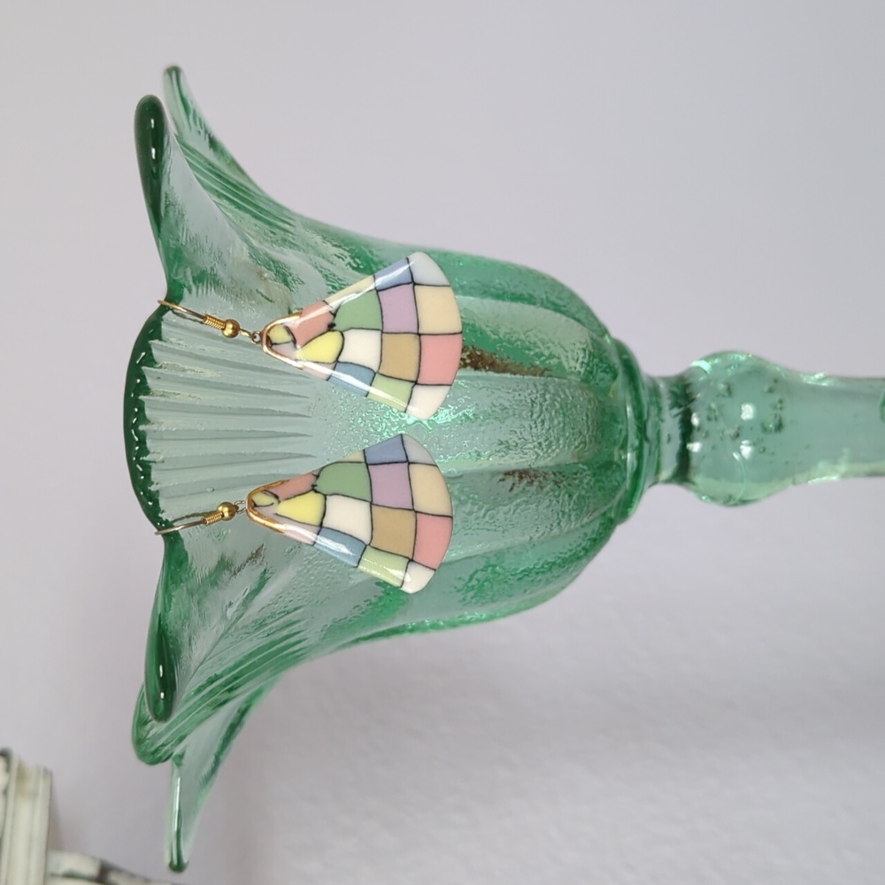 Pretty Ceramic Pastel Checkerboard Earrings - Picture 2 of 6